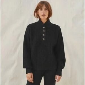 LUNYA | Black Cotton Silk Henley Sweater Chunky Waffle Knit | Medium